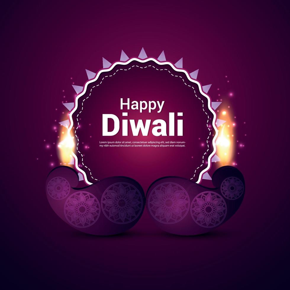 Vector illustration of happy diwali invitation greeting card with creative vector oil lamp on purple background