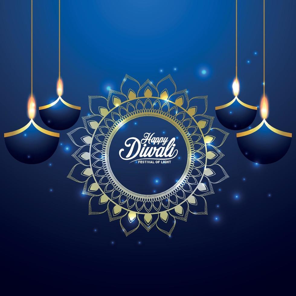 Happy diwali invitation greeting card with vector illustration on blue background