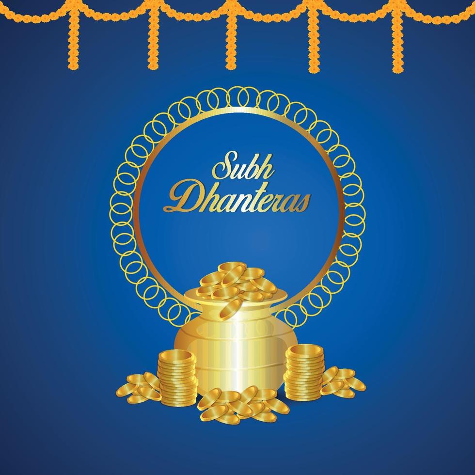 Dhanteras sale greeting card and banner with lotus flower and gold coin with kalash vector