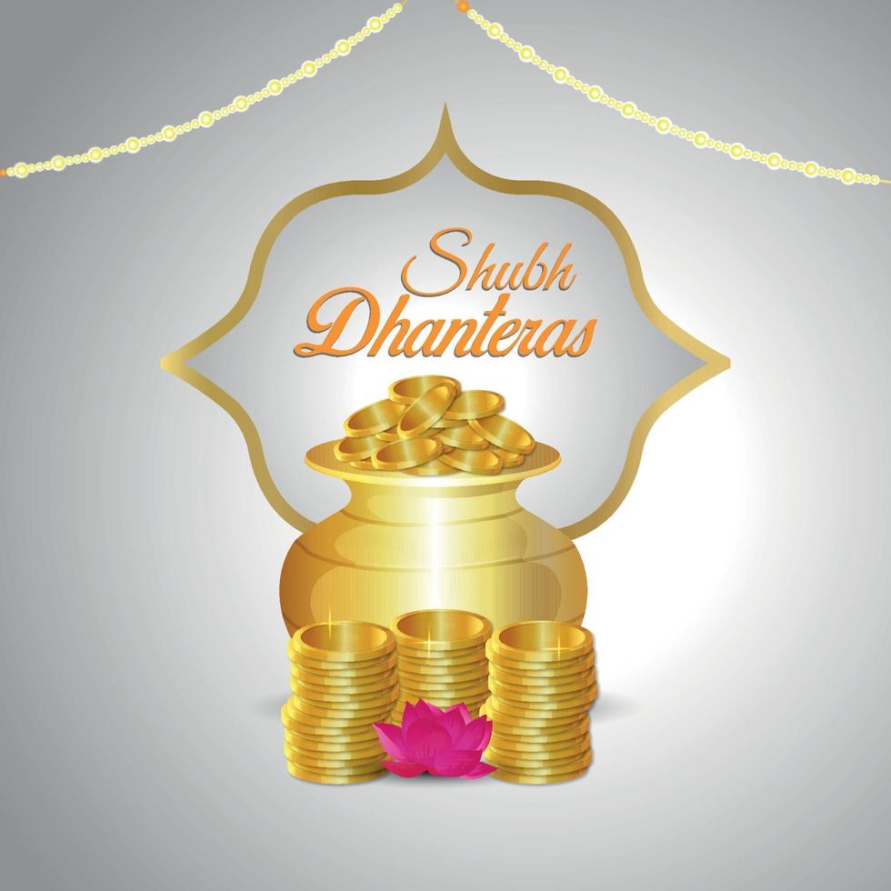 Fondo de Dhanteras con olla de monedas y diya. vector