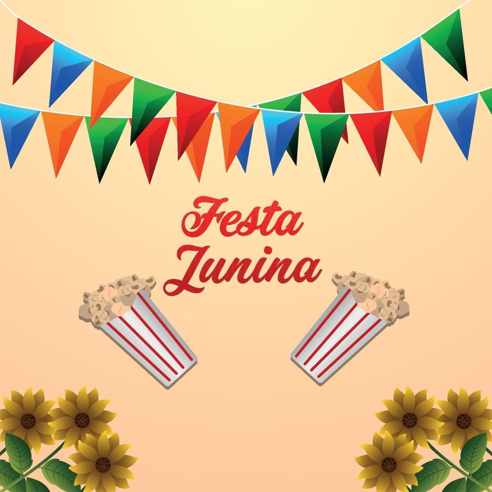 Festa junina evento brasileño con cubo de palomitas de maíz y colorida bandera de fiesta vector