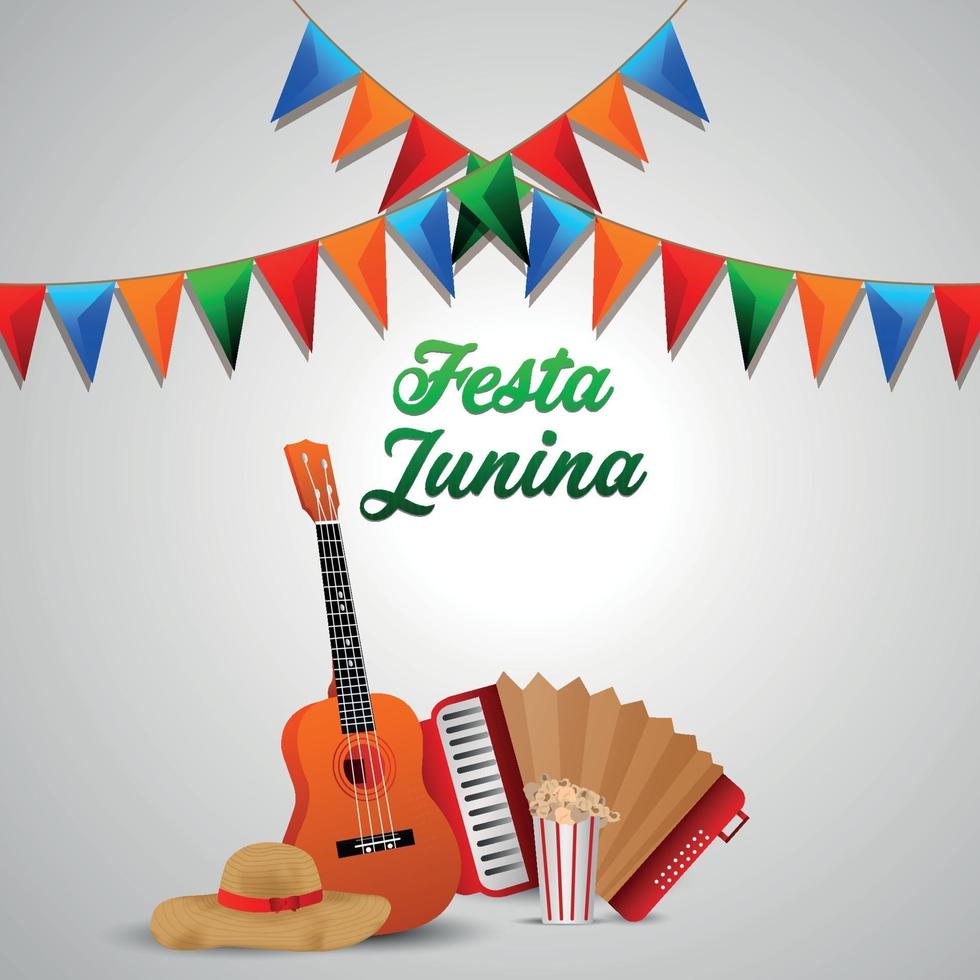 Festa junina brazilian event with hat and colorful party flag vector