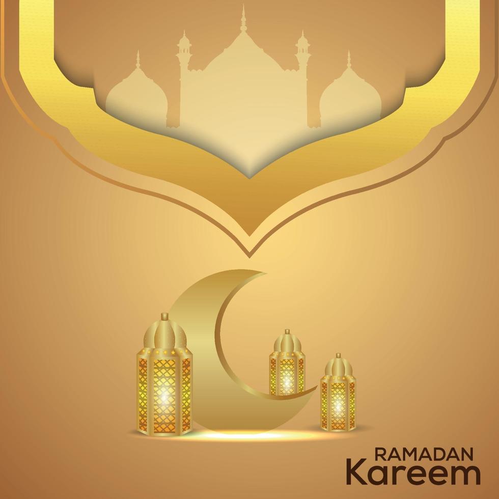 Ramadan kareem celebration vector illustration with golden moon and golden lantern