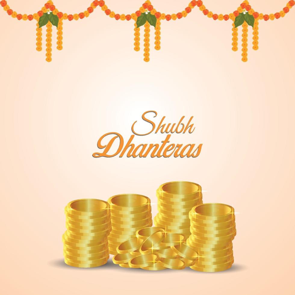 Tarjeta de felicitación de invitación shubh dhanteras con moneda de oro sobre fondo blanco. vector