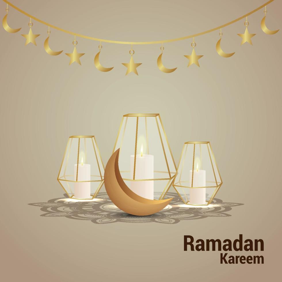 Ramadan kareem vector illustration with golden moon and creative lantern