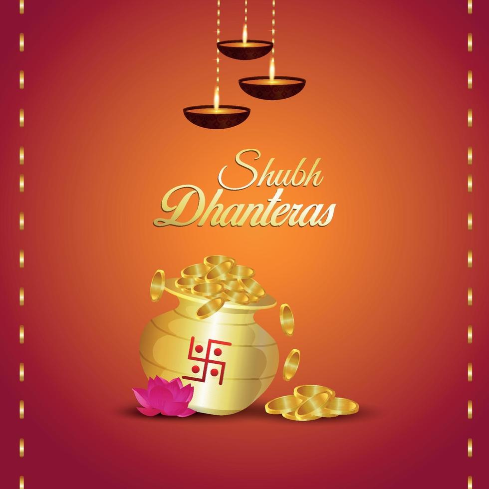 Shubh dhanteras invitation greeting card with creative vector illustration of gold coin pot
