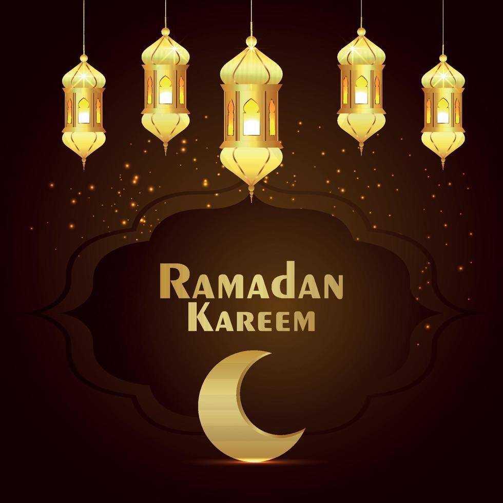 Tarjeta de felicitación de celebración de Ramadán Kareem con linterna dorada y luna. vector