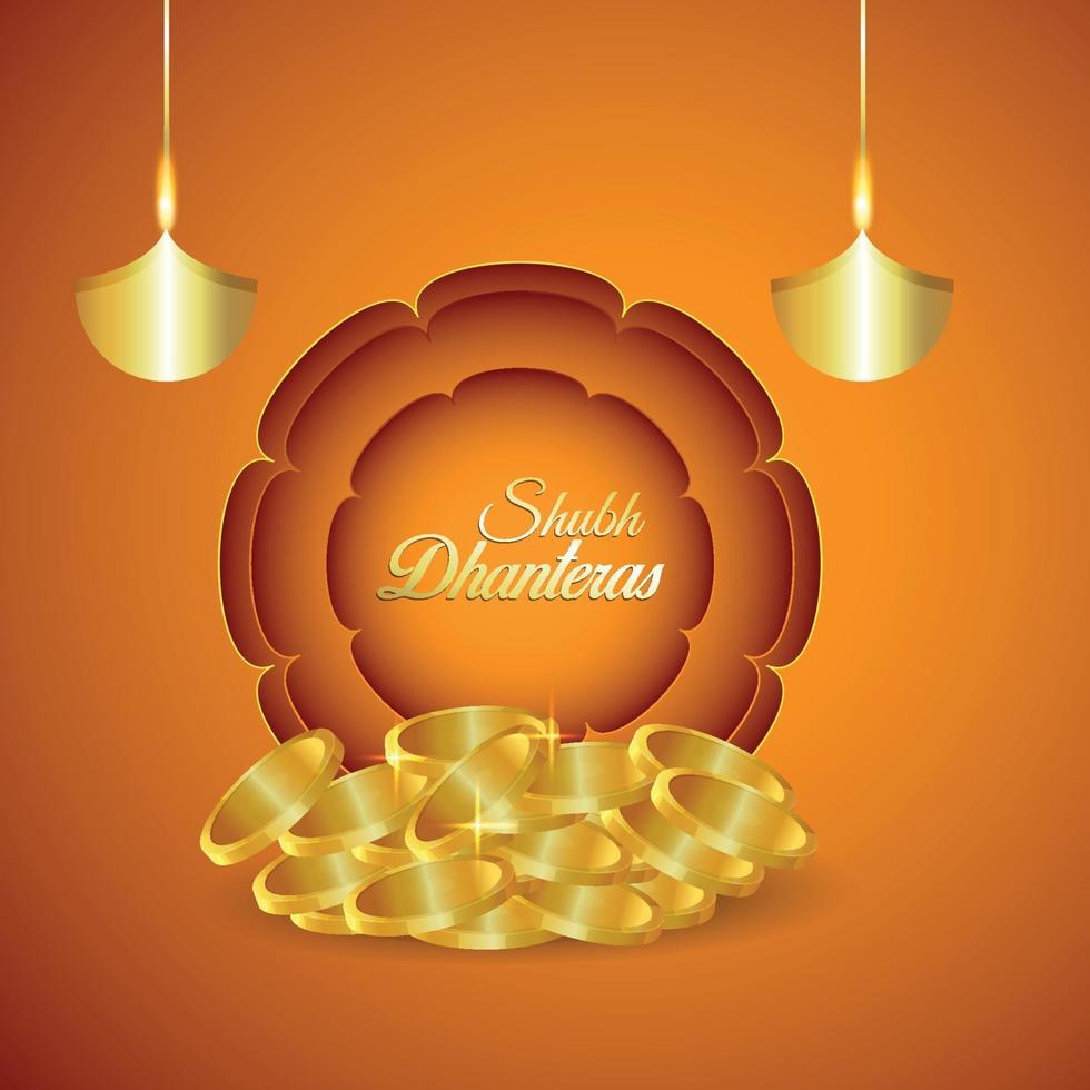 festival indio de saludo de invitación feliz dhanteras con moneda de oro vector