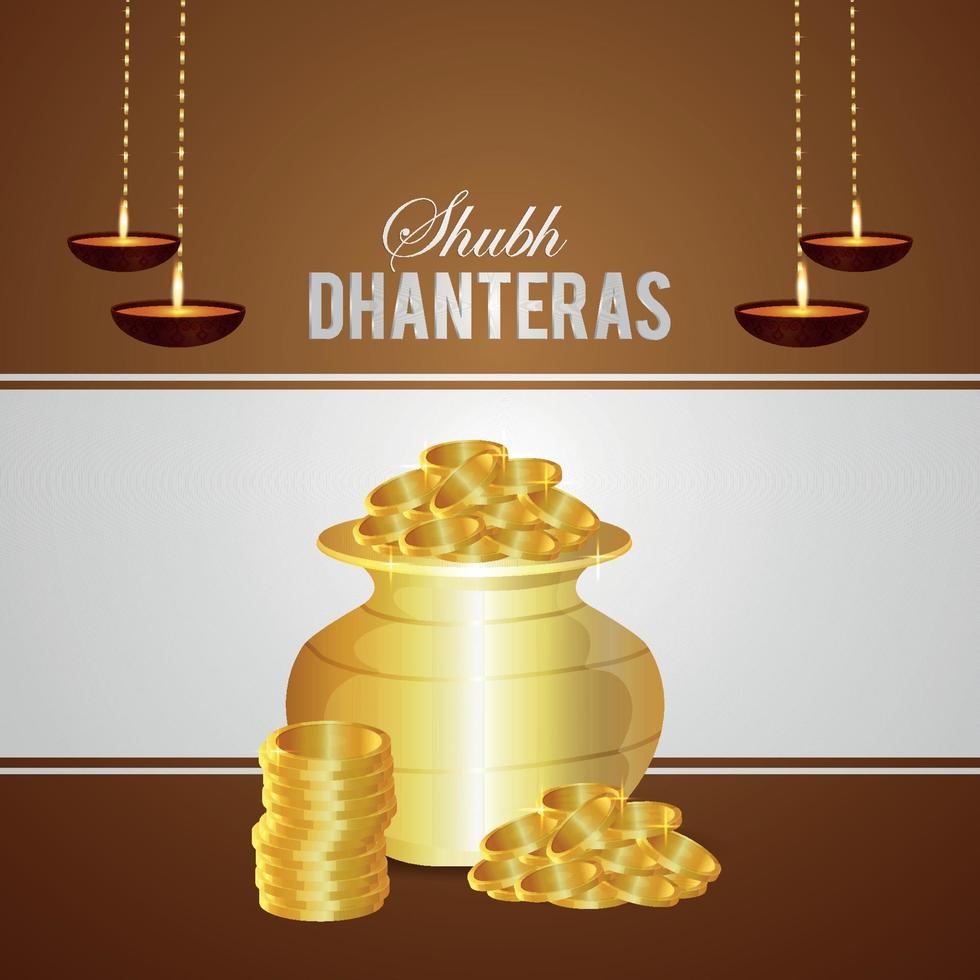 Shubh dhanteras invitation greeting card with creative vector illustration of gold coin pot