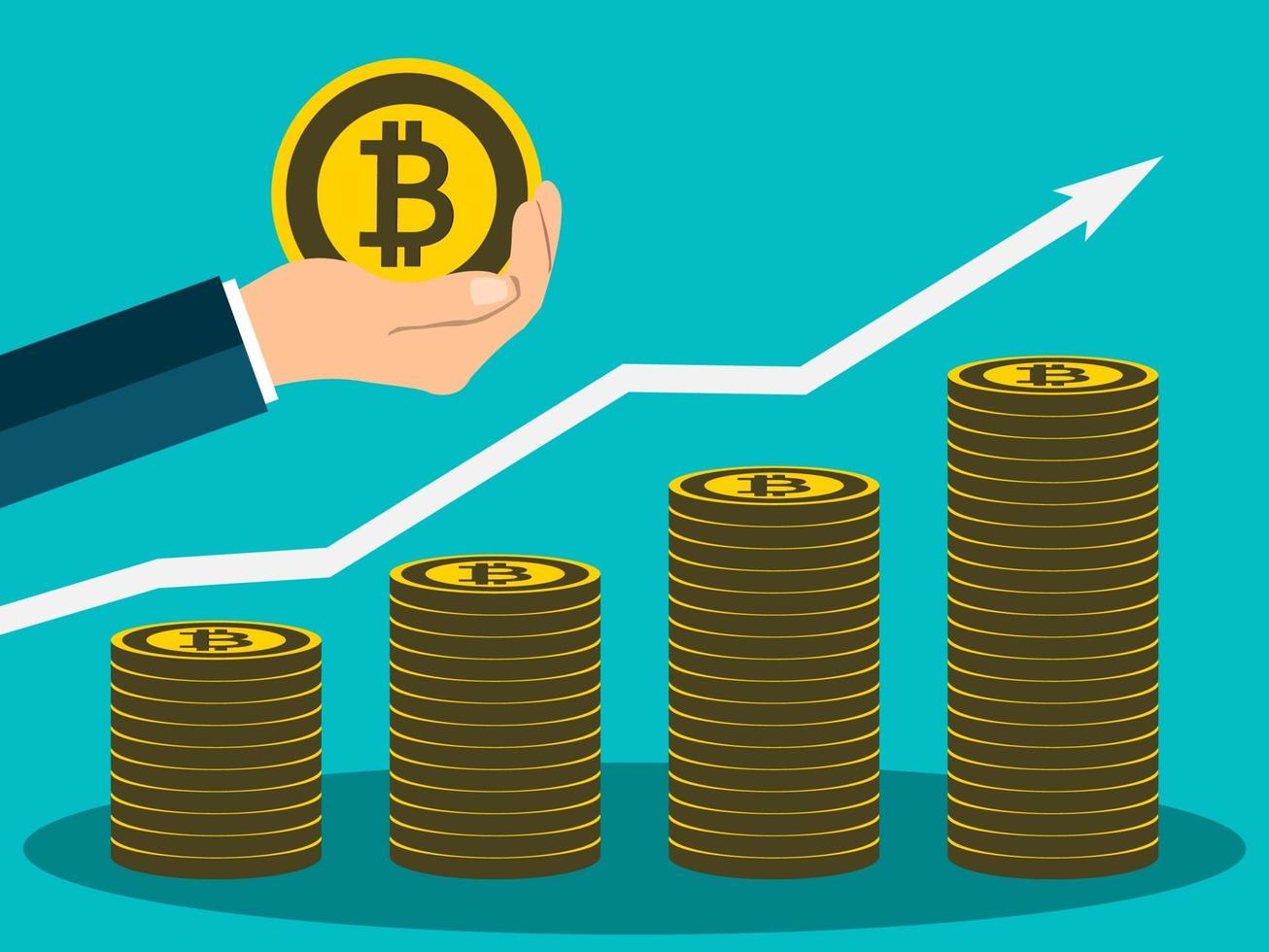 negocio bitcoin concepto gráfico de crecimiento mano sujetando dar una medalla bitcoin vector