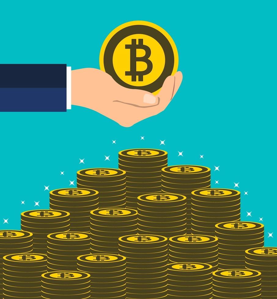 Business bitcoin concept.hand holding get coins by hand. put money stairs.vector Illustrator vector