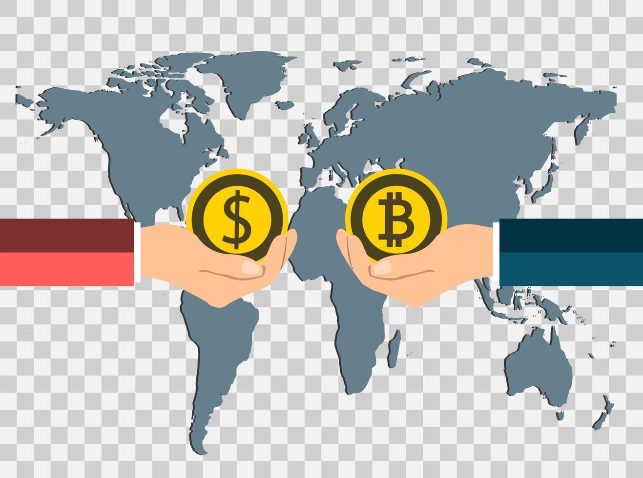 Concepto de moneda empresarial.Cambie monedas de dólar a bitcoin de mano a mano en el mapa de fondo del mundo, fondo transparente.ilustrador vectorial. vector