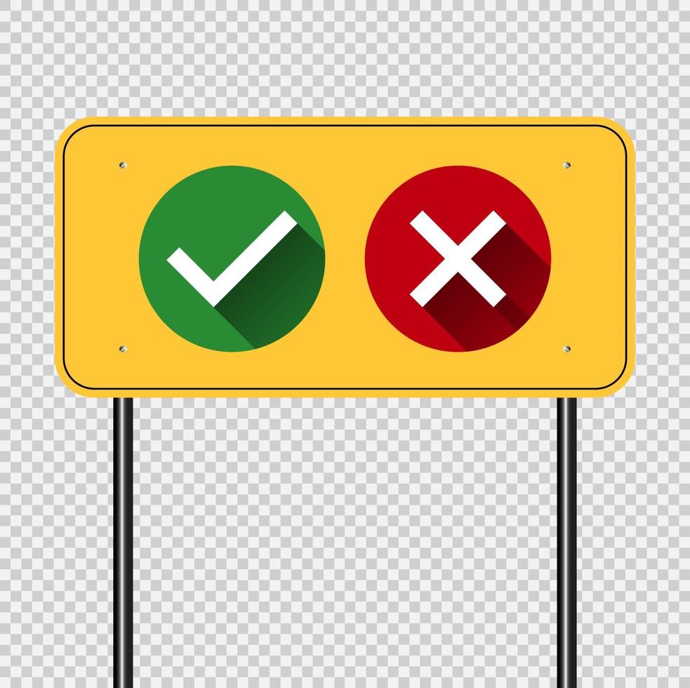 symbol yes or no icon,green,red on pole board yellow background.Vector illustration vector