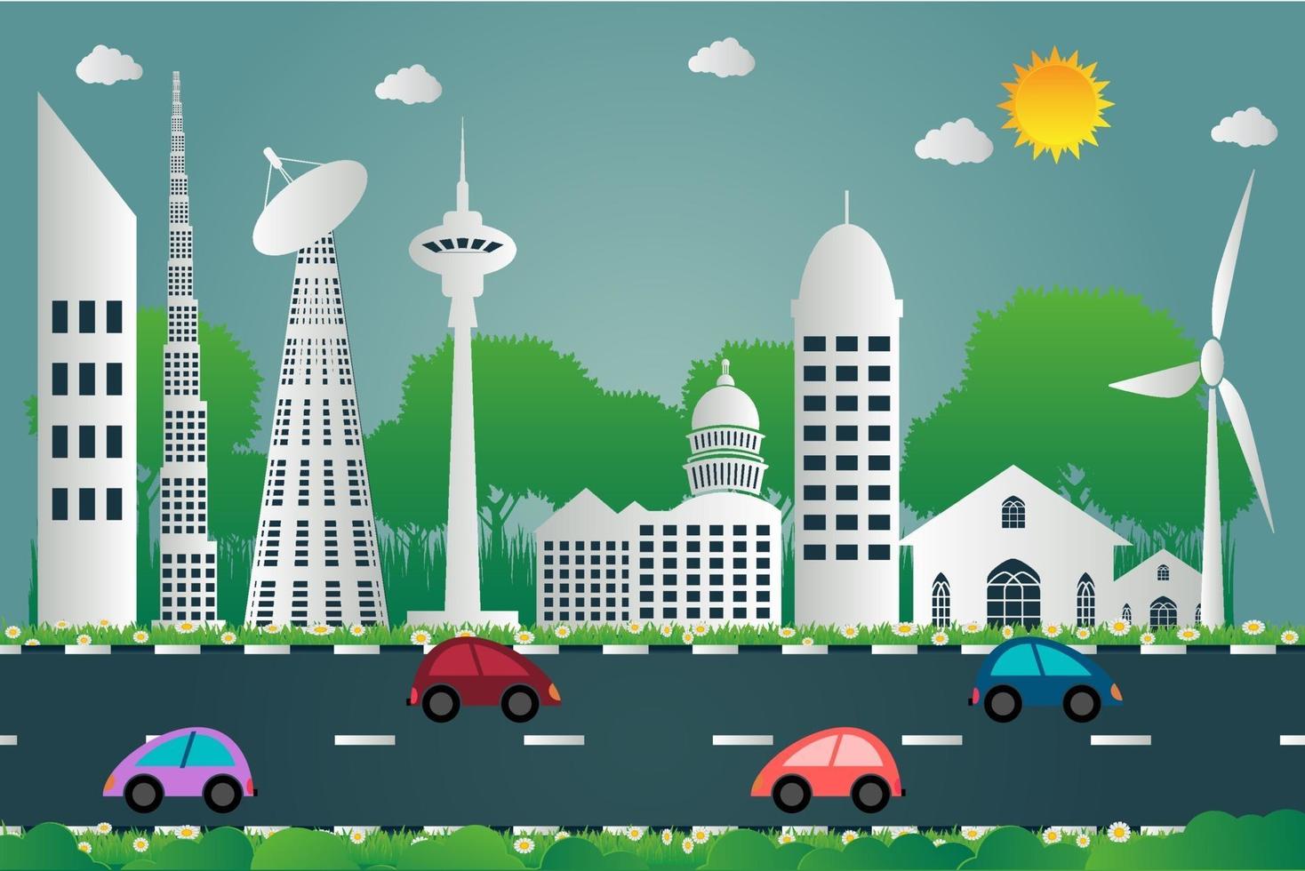 Building cityscape of the city beautiful and car is run on road paper art style,vector illustration vector