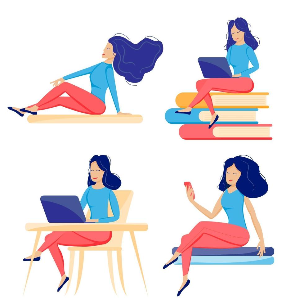 4 girls sitting, set vector