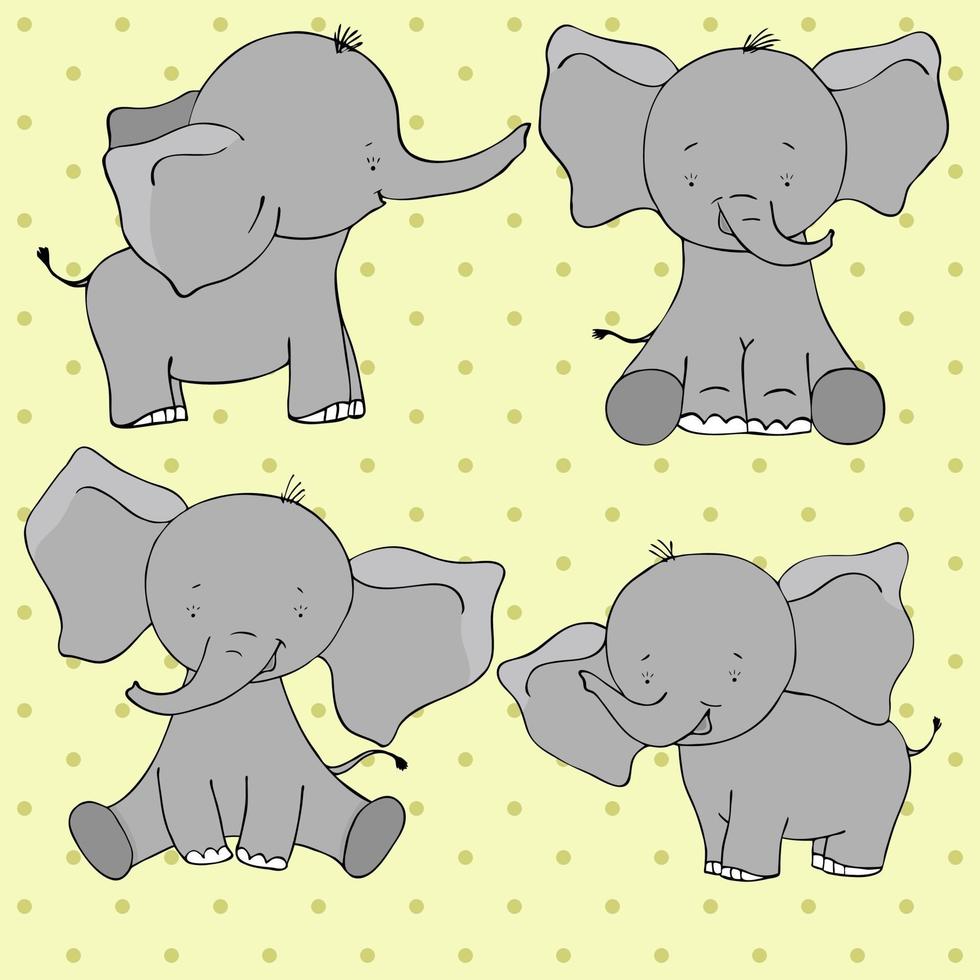 Set of four cute cartoon elephants isolated on yellow background. vector