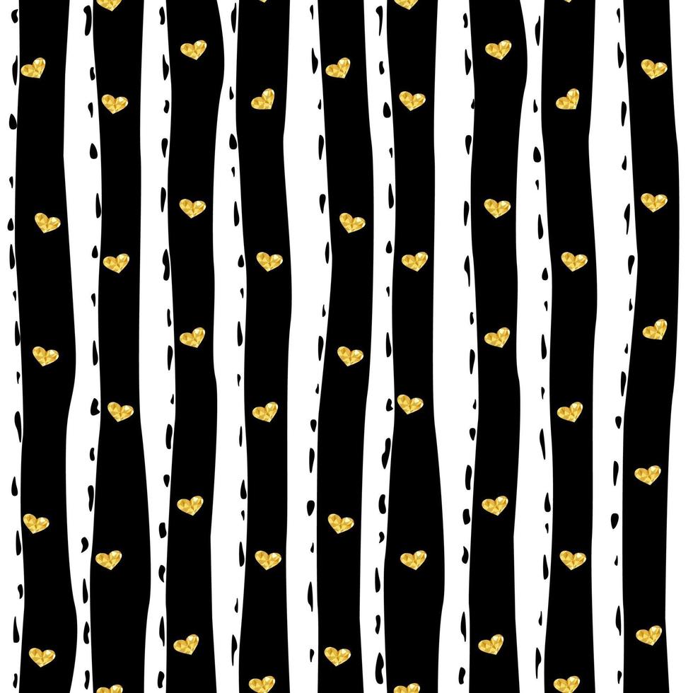Gold glittering heart seamless pattern on striped black background. vector