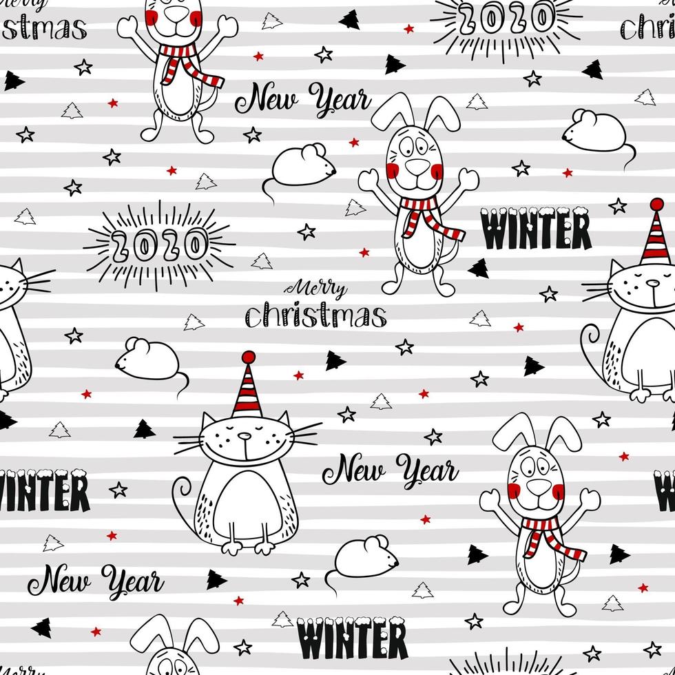 Christmas seamless pattern. Doodles objects isolated on white background. Vector illustration. Print for wrapping paper, wallpaper, fabric.