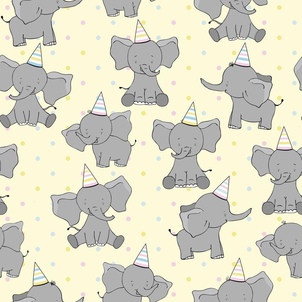 Seamless cute cartoon birthday elephants  on yellow background. Children seamless pattern for fabric, background, gift paper, wallpaper. Cute vector illustration.