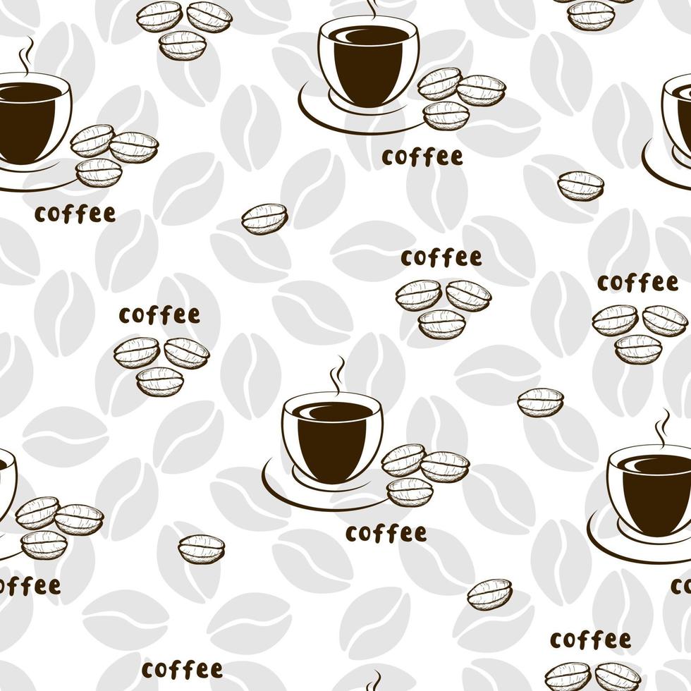 patrón transparente de vector decorativo con ilustración de tazas y granos de café. fondo con arte de platos de bebidas y caligrafía sobre fondo blanco.