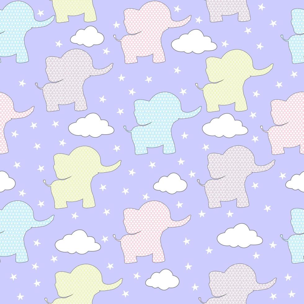 Seamless pattern cute elephants with clouds and stars.  Vector background. Baby boy and girl print.