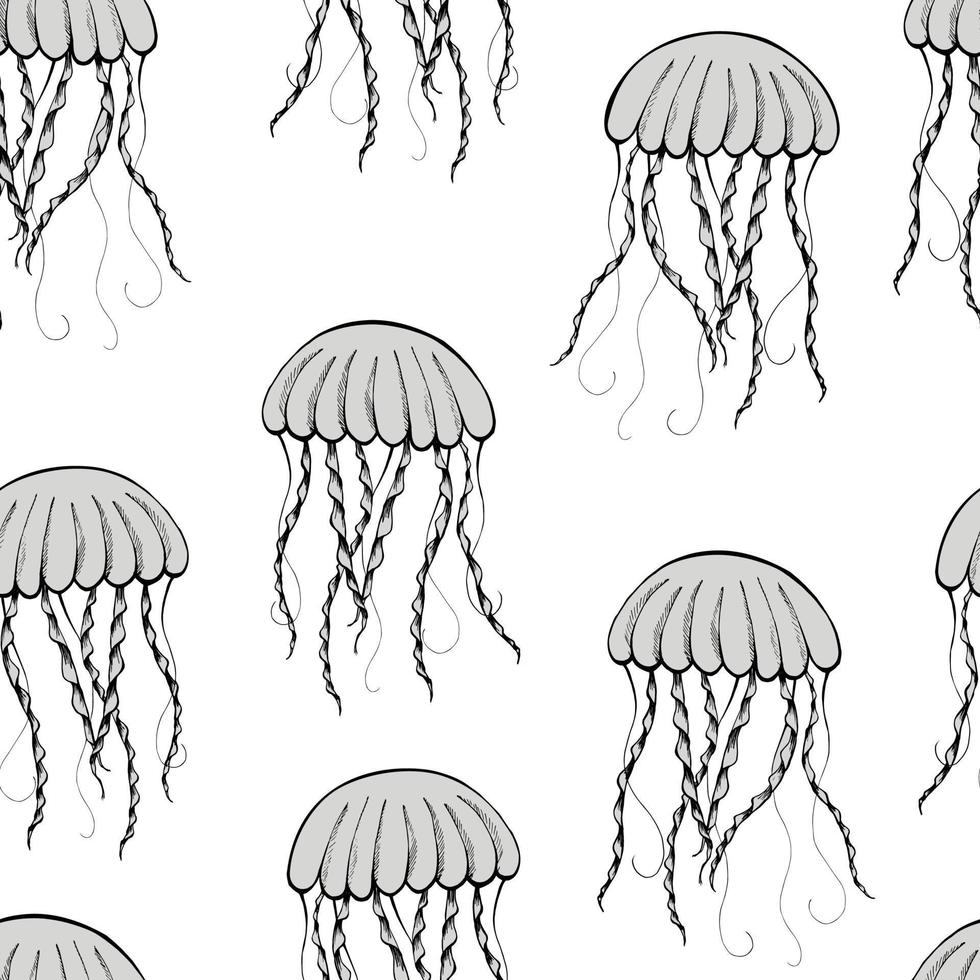 Seamless pattern with hand drawn jellyfish silhouette in white background. Ideal for textile, wrapping, wallpaper. vector