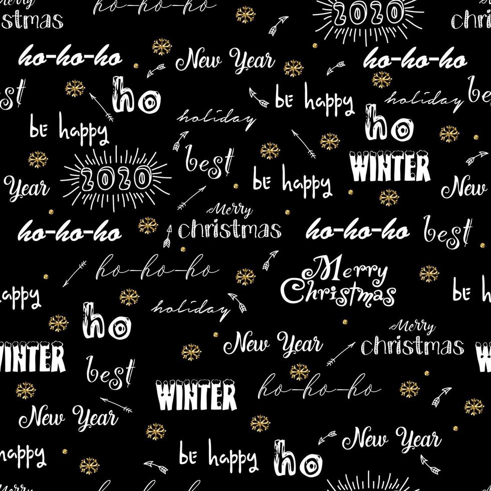 Seamless pattern with merry christmas background calligraphic text, holiday wishes. Vector new year pattern for design greeting cards, banners, invitations, posters.
