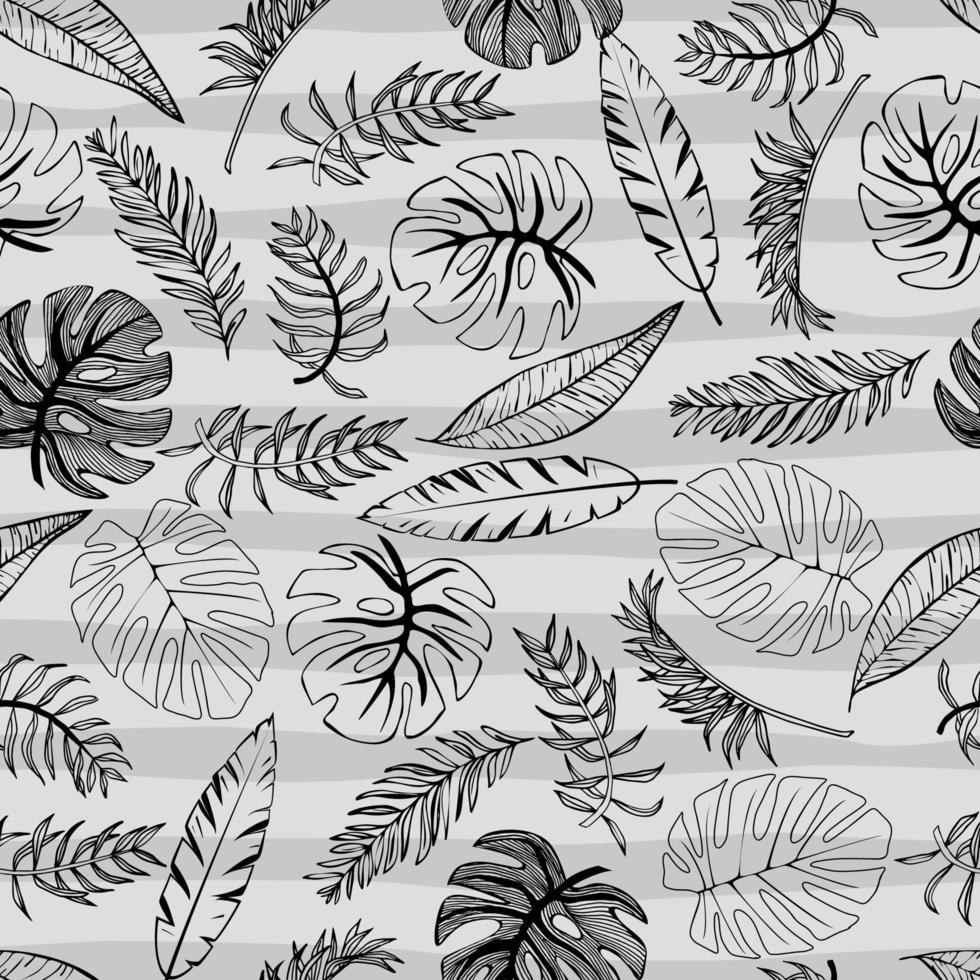 Tropical palm trees and banana leaves. Abstract background seamless pattern. Black and white on strips phon. vector