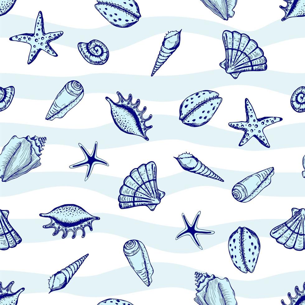 Hand drawn sea shells and stars seamless collection. Marine illustration shell. Ideal for fabric, wallpaper, wrapping paper, textile, bedding, t-shirt print. vector