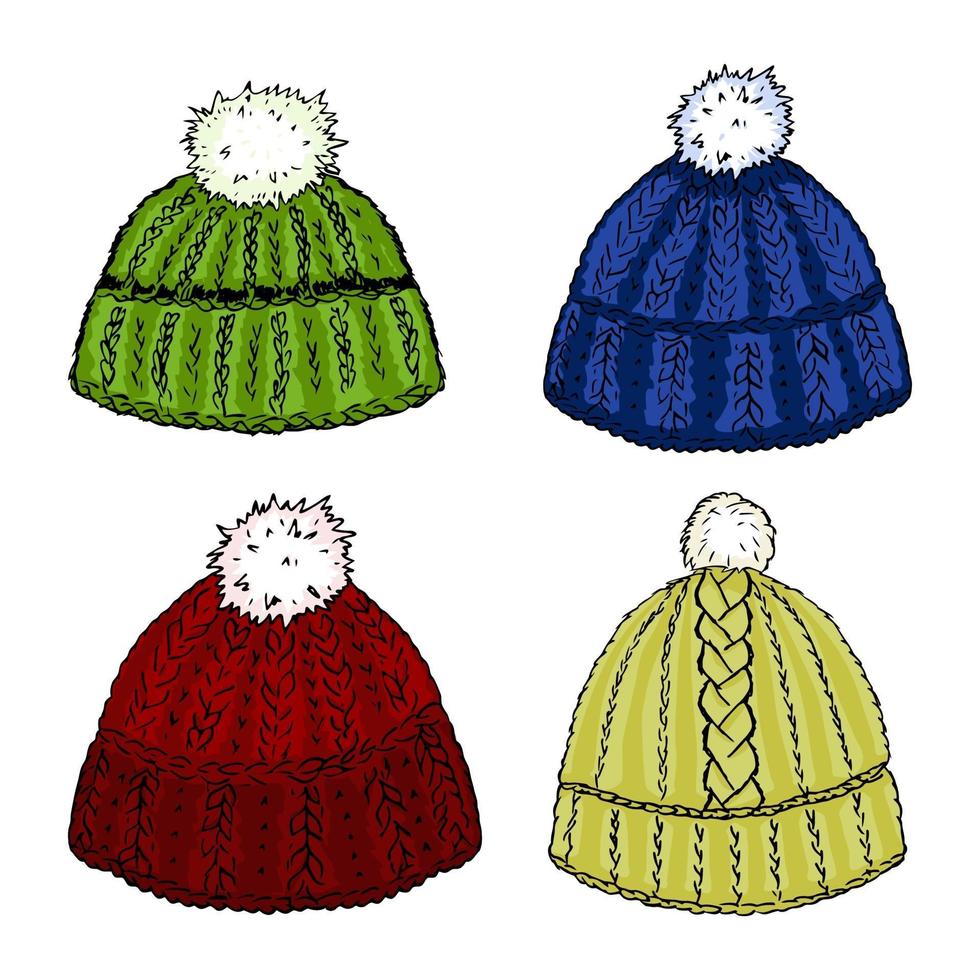 Four bright colored woolen knit hats. vector