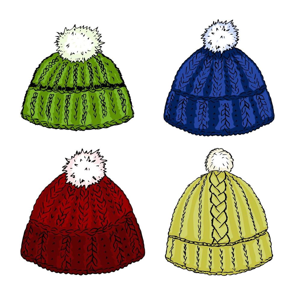 cuatro gorros tejidos de lana de colores brillantes. vector