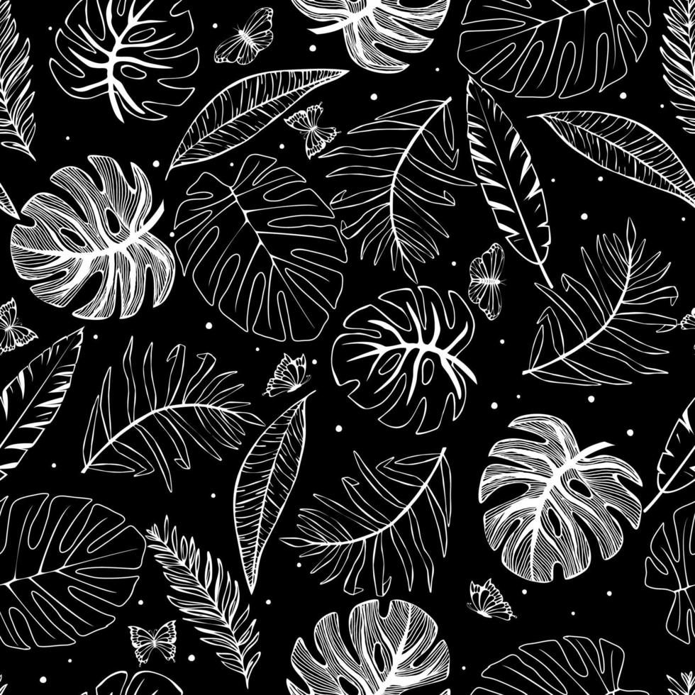 Vector seamless leaf pattern with butterfly.  Black and white background. Trendy design concept for fashion textile print. Nature illustration.