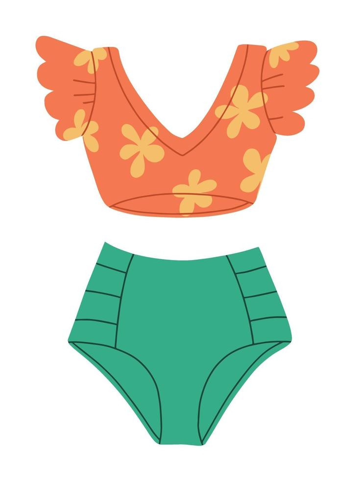 Women's two-piece swimsuit. Retro style swimsuit. Vector Flat Illustration