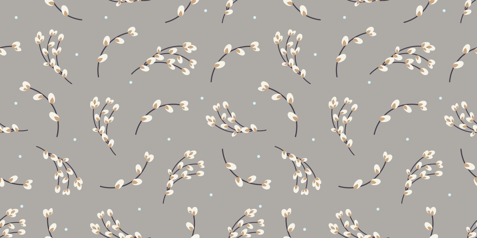 Fondo transparente de ramitas de sauce. ramitas de sauce sobre un fondo gris. patrón de primavera diseño para papel, textiles. vector ilustración plana