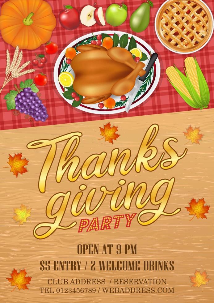 happy thanksgiving celebration party invitation poster with food and fruit vector