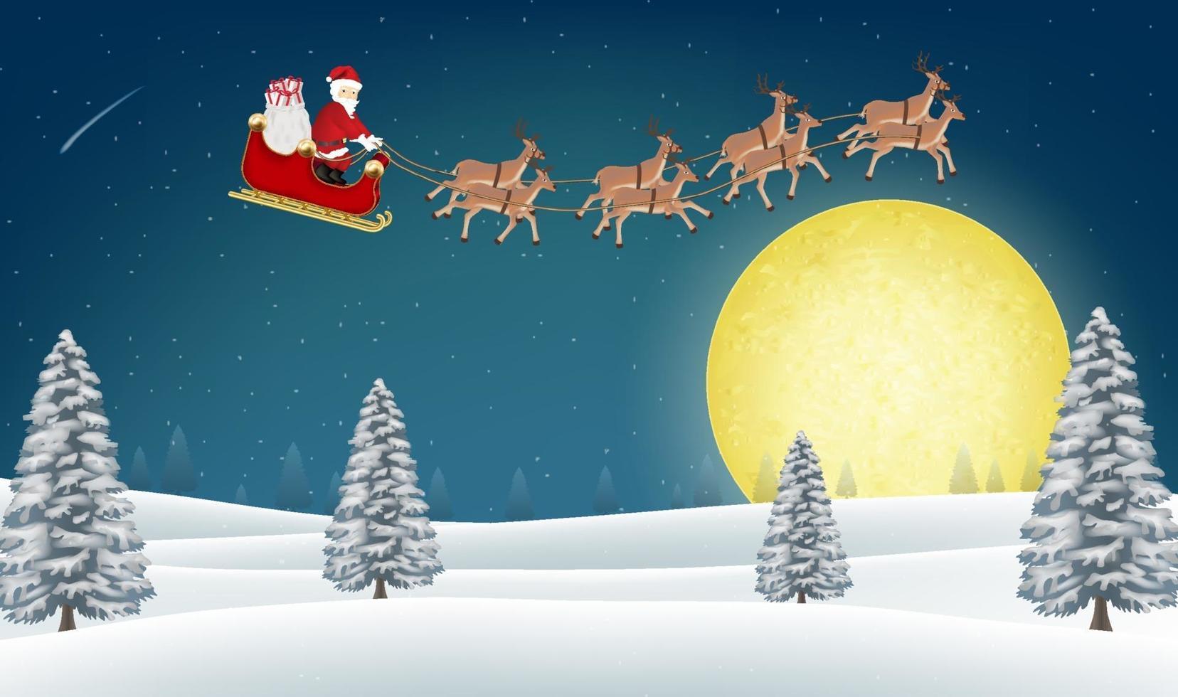 santa claus with reindeer flying over winter hill vector