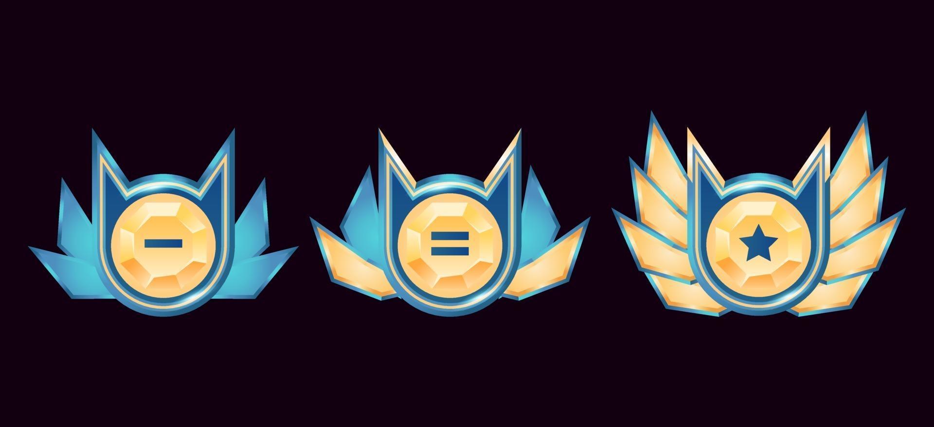 game ui glossy fantasy golden diamond rank badge medals with wings set vector