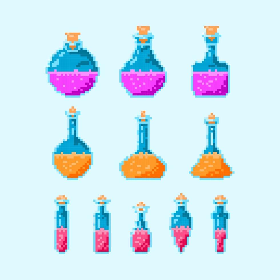 colorful potion magic bottle icon set vector