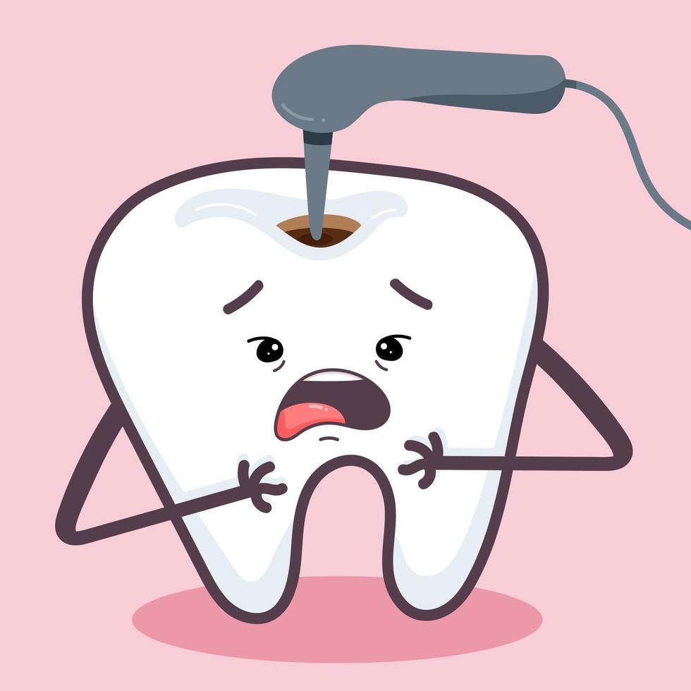 tratamiento de un diente con caries. diente asustado. vector