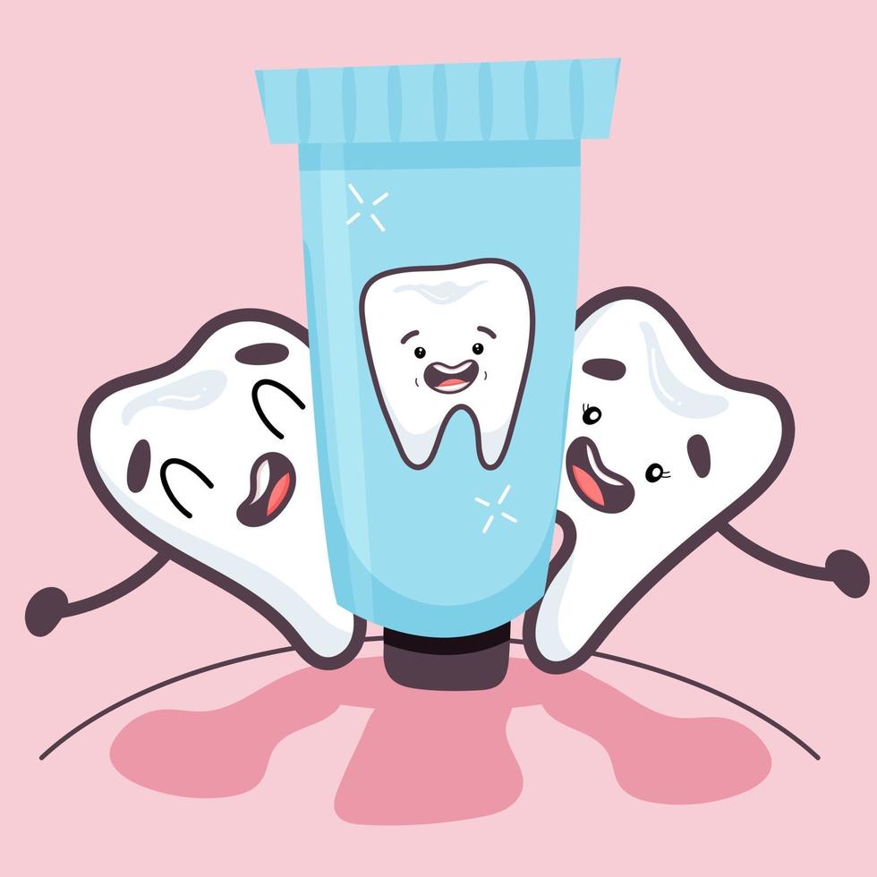 Stylish teeth are happy with toothpaste. Vector illustration in flat style