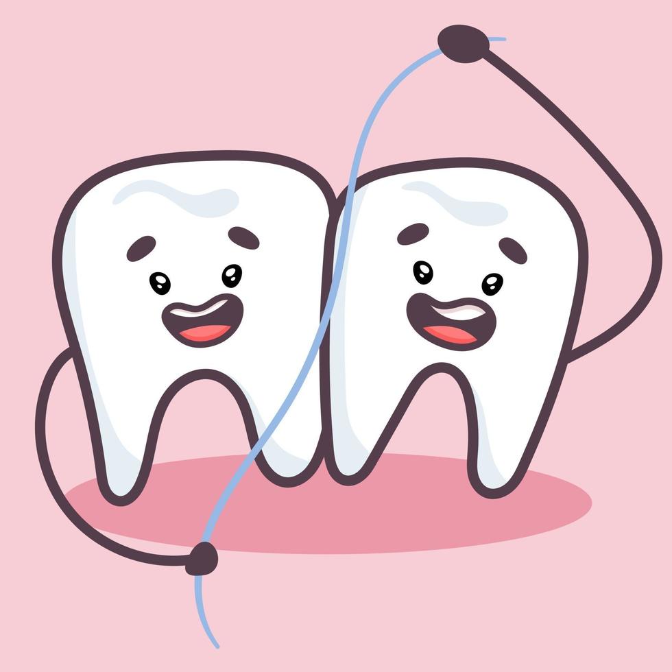 Cute teeth with dental floss. Prevention of tooth decay. vector