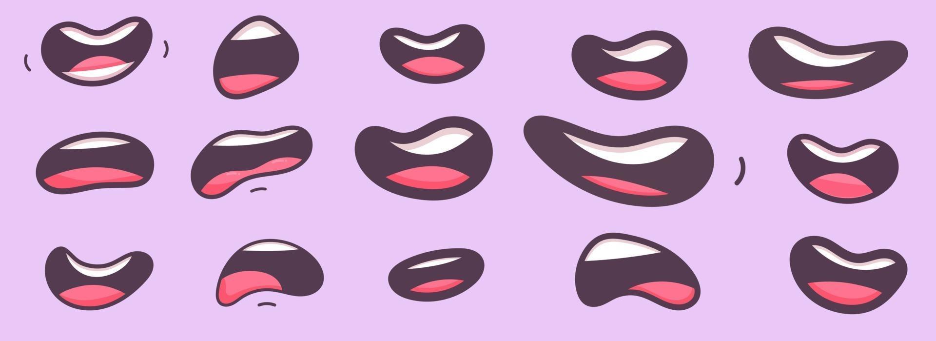 Funny cartoon mouths set with different expressions. Smile with teeth, sadness, surprised. Vector illustration in flat style