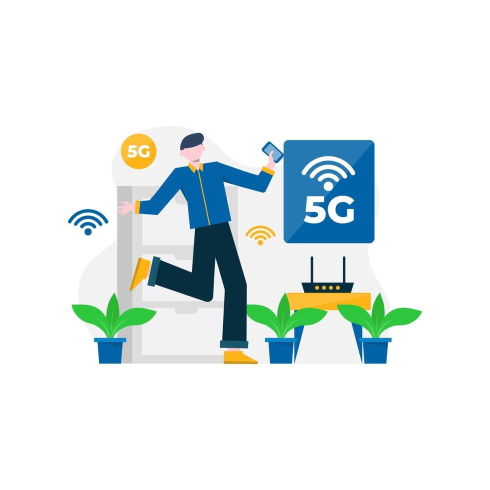 las personas disfrutan de los servicios 5g para comunicarse con teléfonos celulares y computadoras, ilustración vectorial, adecuados para la página de destino, la interfaz de usuario, el sitio web, la aplicación móvil, la editorial, el póster, el folleto, el artículo y el banner vector