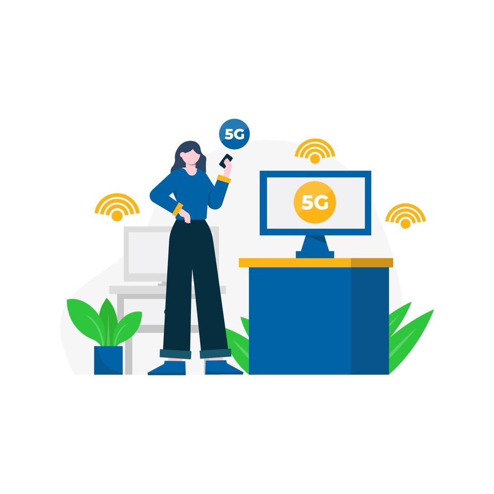 people enjoy 5g services for communication with cellphones and computers vector illustration, suitable for landing page, ui, website, mobile app, editorial, poster, flyer, article, and banner