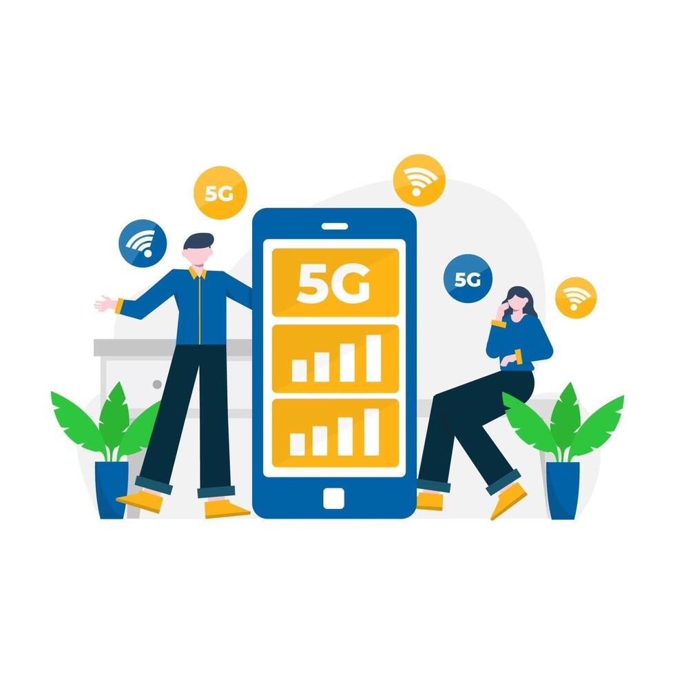 las personas disfrutan de los servicios 5g para comunicarse con teléfonos celulares y computadoras, ilustración vectorial, adecuados para la página de destino, la interfaz de usuario, el sitio web, la aplicación móvil, la editorial, el póster, el folleto, el artículo y el banner vector