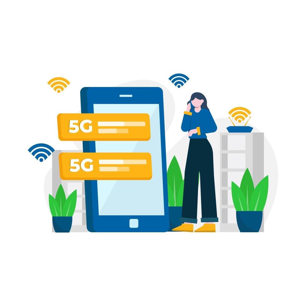 people enjoy 5g services for communication with cellphones and computers vector illustration, suitable for landing page, ui, website, mobile app, editorial, poster, flyer, article, and banner