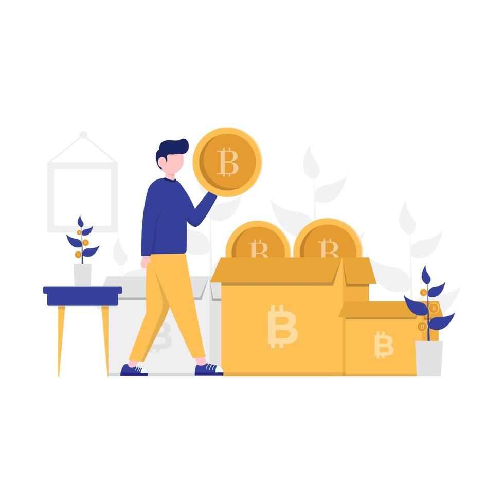 Vector illustration of cryptocurrency or bitcoin, suitable for landing pages, UI, web sites, mobile applications, editorials, posters, leaflets, articles, and banners