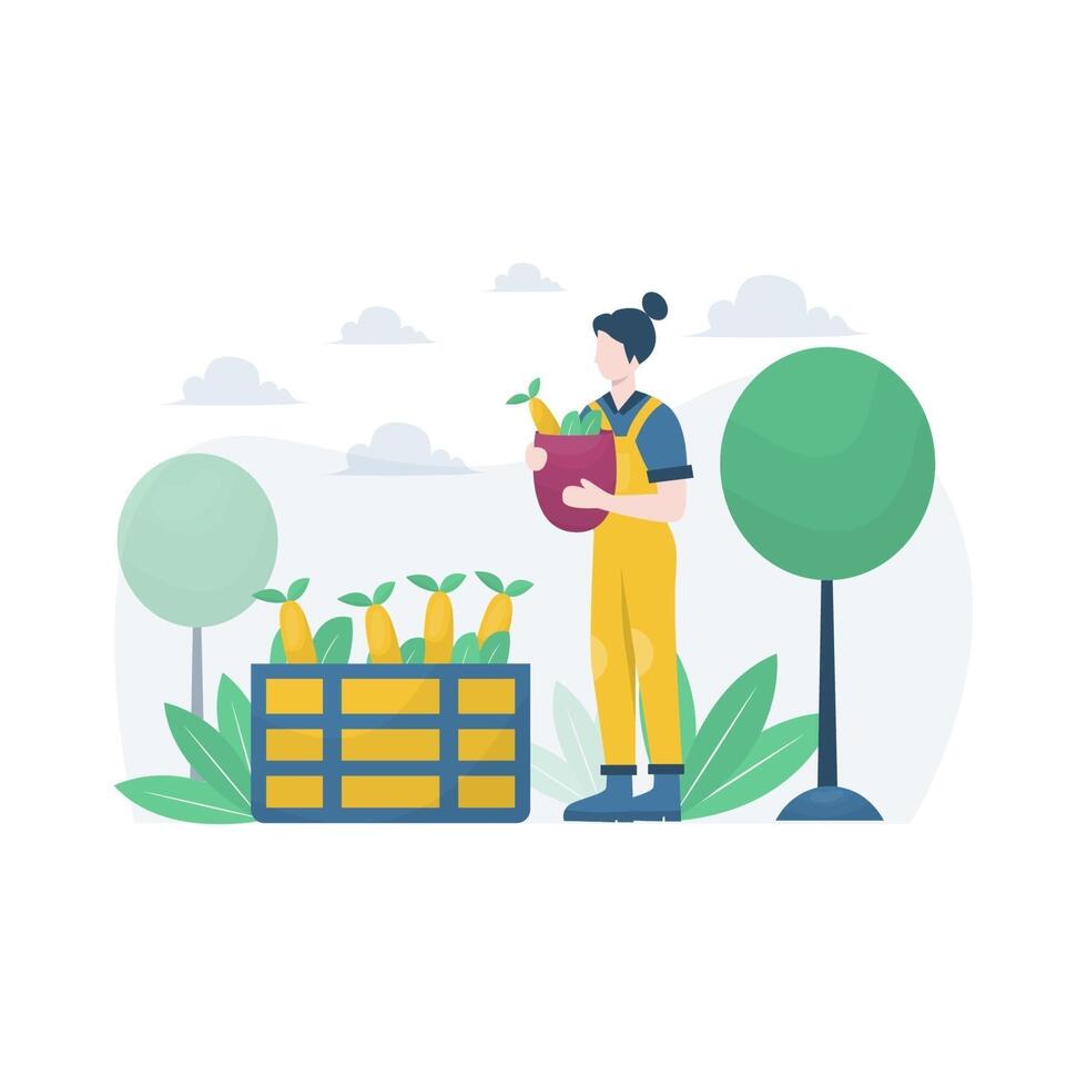 a farmer grows and harvests fruits and vegetables vector illustration, suitable for landing page, ui, website, mobile app, editorial, poster, flyer, article, and banner