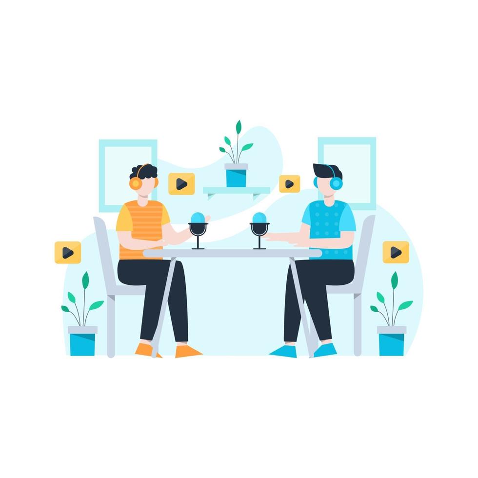 people are recording dialogue podcasts and being listened to by listeners vector illustration, suitable for landing page, ui, website, mobile app, editorial, poster, flyer, article, and banner