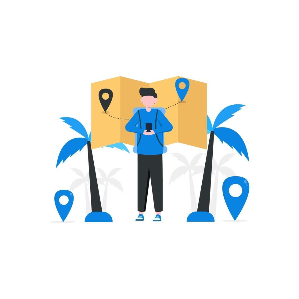 Vector illustration of people looking for vacation destinations, suitable for landing pages, UI, web sites, mobile applications, editorials, posters, leaflets, articles, and banners